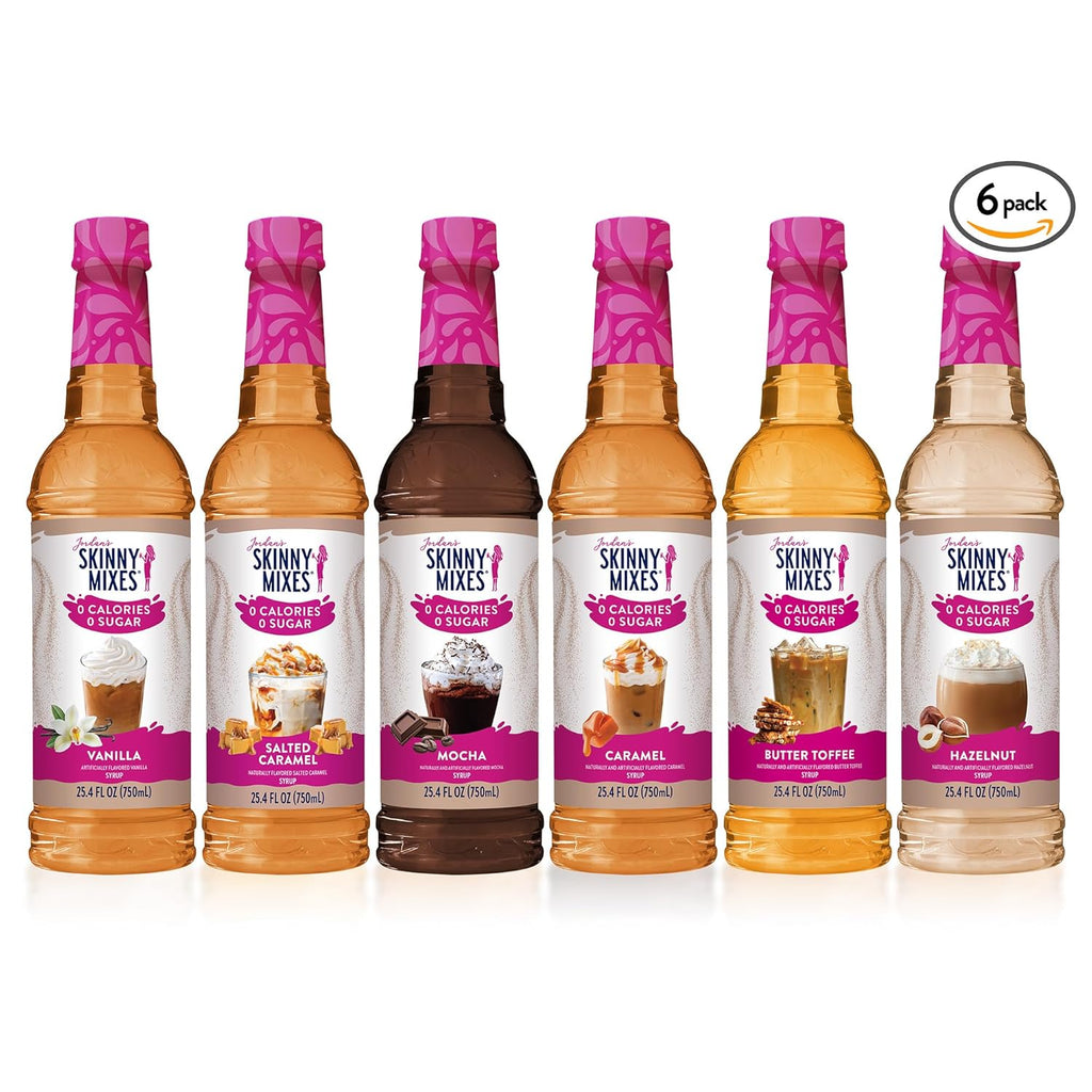 Jordan's Skinny Syrups Sugar Free Coffee Syrup, Vanilla, Salted Caramel, Hazelnut, Mocha, Butter Toffee, and Caramel Syrups, Zero Calorie Flavoring, 25.4 Fl Oz (Pack of 6), Sampler Variety Pack