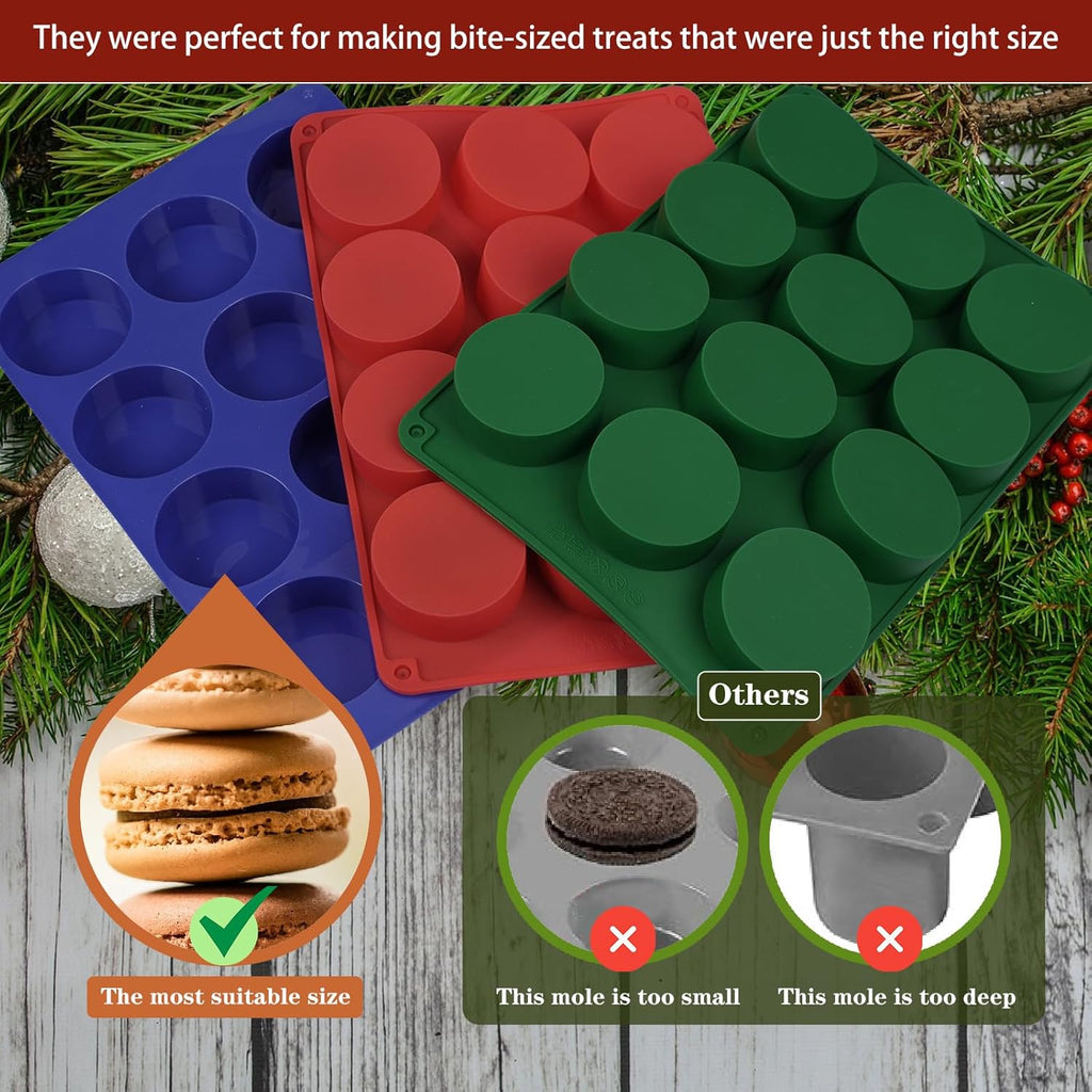 Round Chocolate Cookie Silicone Molds, New Size 12-Cavity Cylinder Chocolate Cover Cookie Silicone Molds for Candy Mini Cakes Jelly Baking (Green Red Blue)