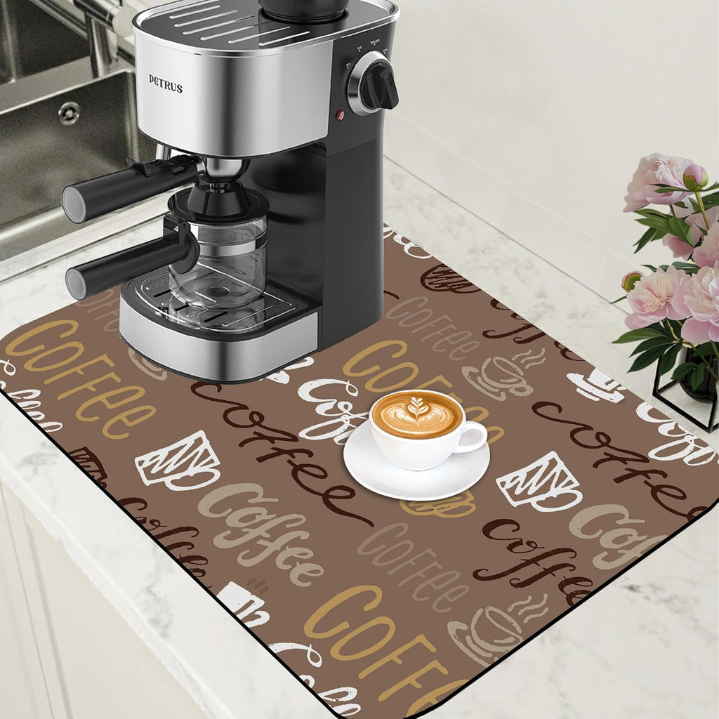 Doodle Coffee Dish Drying Mat Coffee Bar Mat for Countertop Rubber Backed Absorbent Hide Stain Dish Drainer Rack Pad Espresso Machine Table Accessories Dining Room Decoration 15.7 x 23.6 Inch