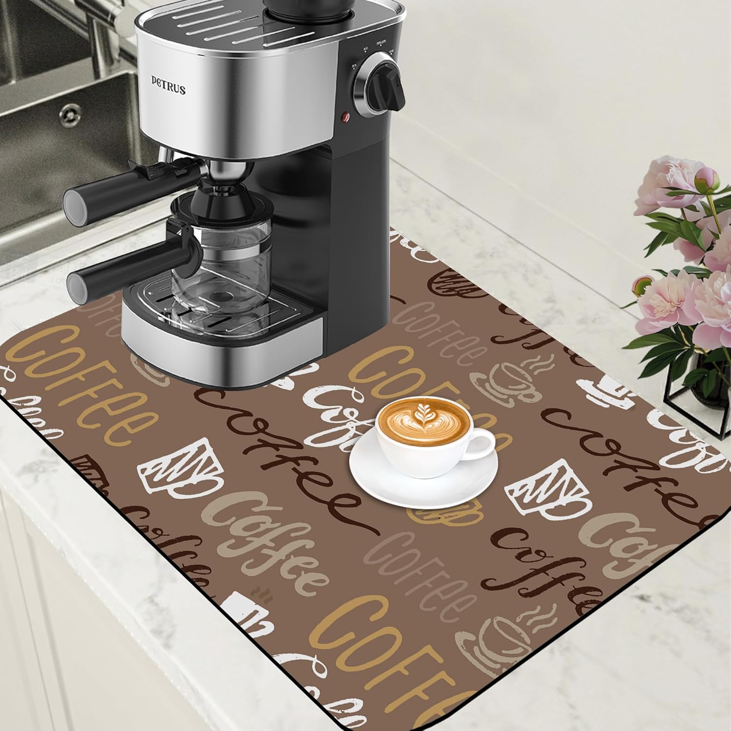 Doodle Coffee Dish Drying Mat Coffee Bar Mat for Countertop Rubber Backed Absorbent Hide Stain Dish Drainer Rack Pad Espresso Machine Table Accessories Dining Room Decoration 15.7 x 23.6 Inch