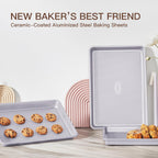 HONGBAKE 3 Pack Nonstick Ceramic Baking Sheet Pan Set for Oven, Non-Toxic Half/Quarter/Jelly Roll Pans with Diamond Texture, Heavy Duty 0.8mm Aluminized Steel Cookie Trays for Cooking, Light Grey