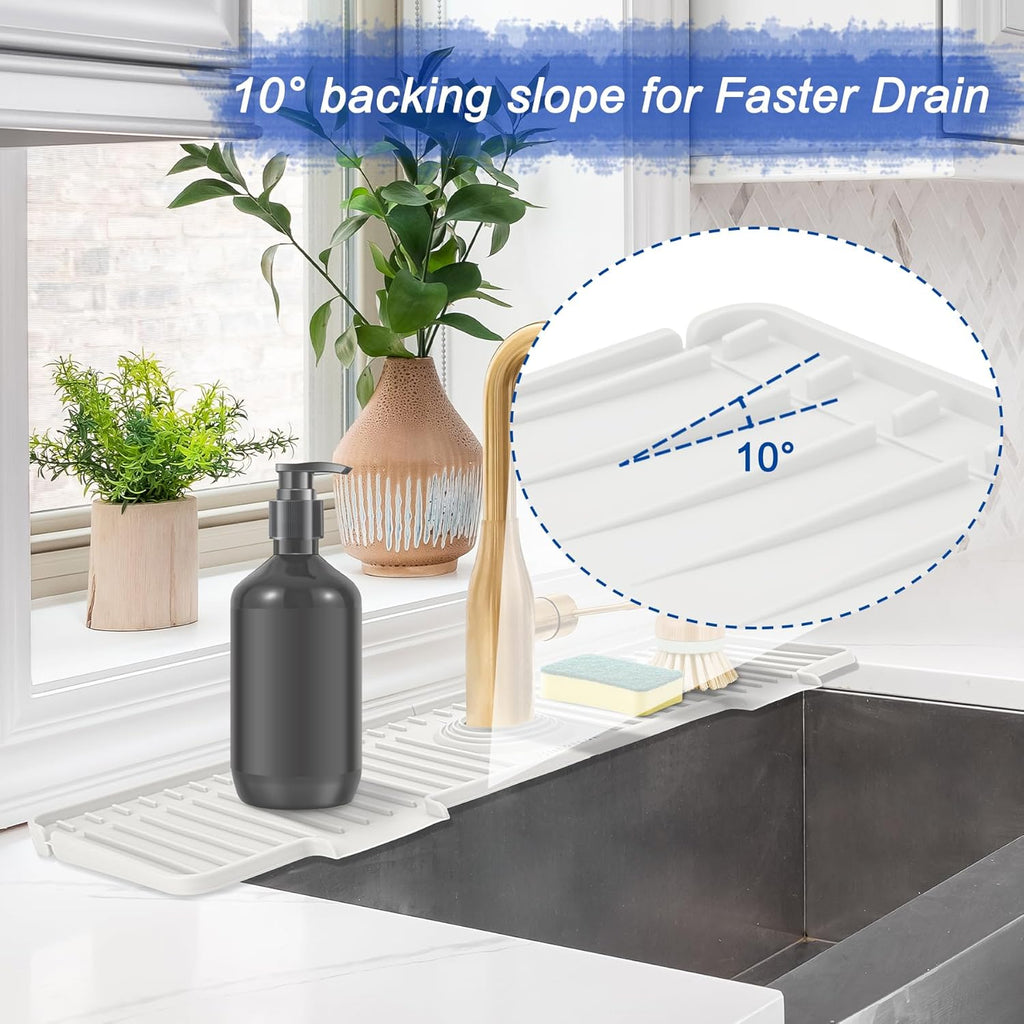 Kitchen Sink Splash Guard, 20IN Longer Silicone Faucet Guard & Draining Mat, Bathroom and Kitchen Sink Organizer, Sink Faucet Mat Water Splash Guard Behind Faucet Accessories Gadget, 20” x 5.5”, White