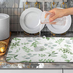 Summer Sage Green Leaves Dish Drying Mat Spring Eucalyptus Leaf Kitchen Dish Drying Pad Absorbent Dish Dryer Mat for Kitchen Countertops Microfiber Dishes Drainer Pad Dish Drying Rack Mat (18x24 in)