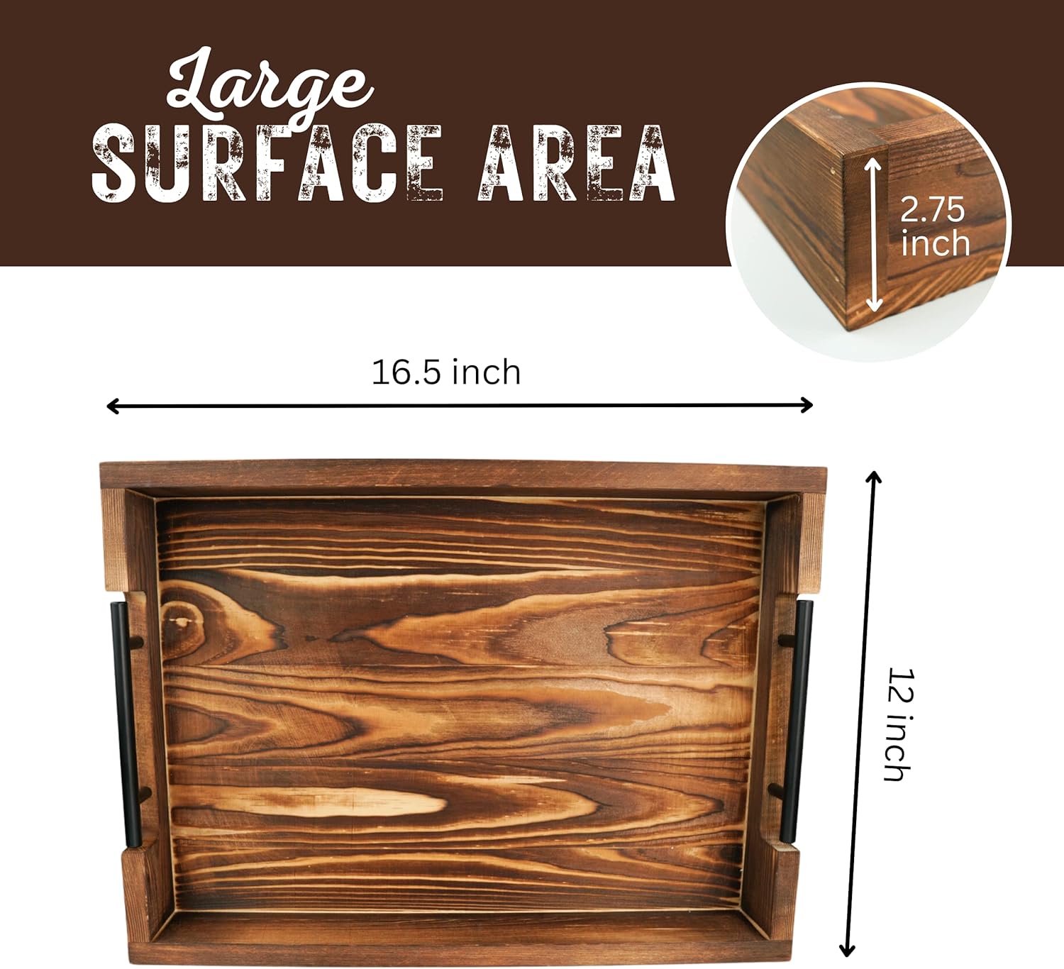 Natural Bamboo Serving Trays Modern Decorative Otman Trays with Metal Handles - Perfect for Living Room, Bedroom, Entryway & Kitchen