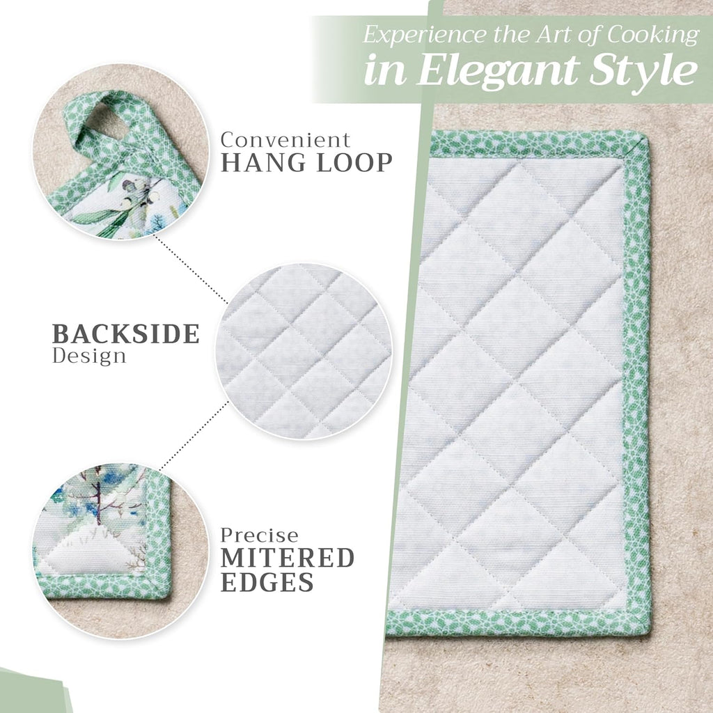 Maison d' Hermine 100% Cotton Oven Mitt & Pot Holder Set (7.5"x13" & 8"x8") Heat Resistant BBQ Cooking Gloves with Loop, Baking, Grilling, Kitchen, Handling Hot Pans (Snowy World)