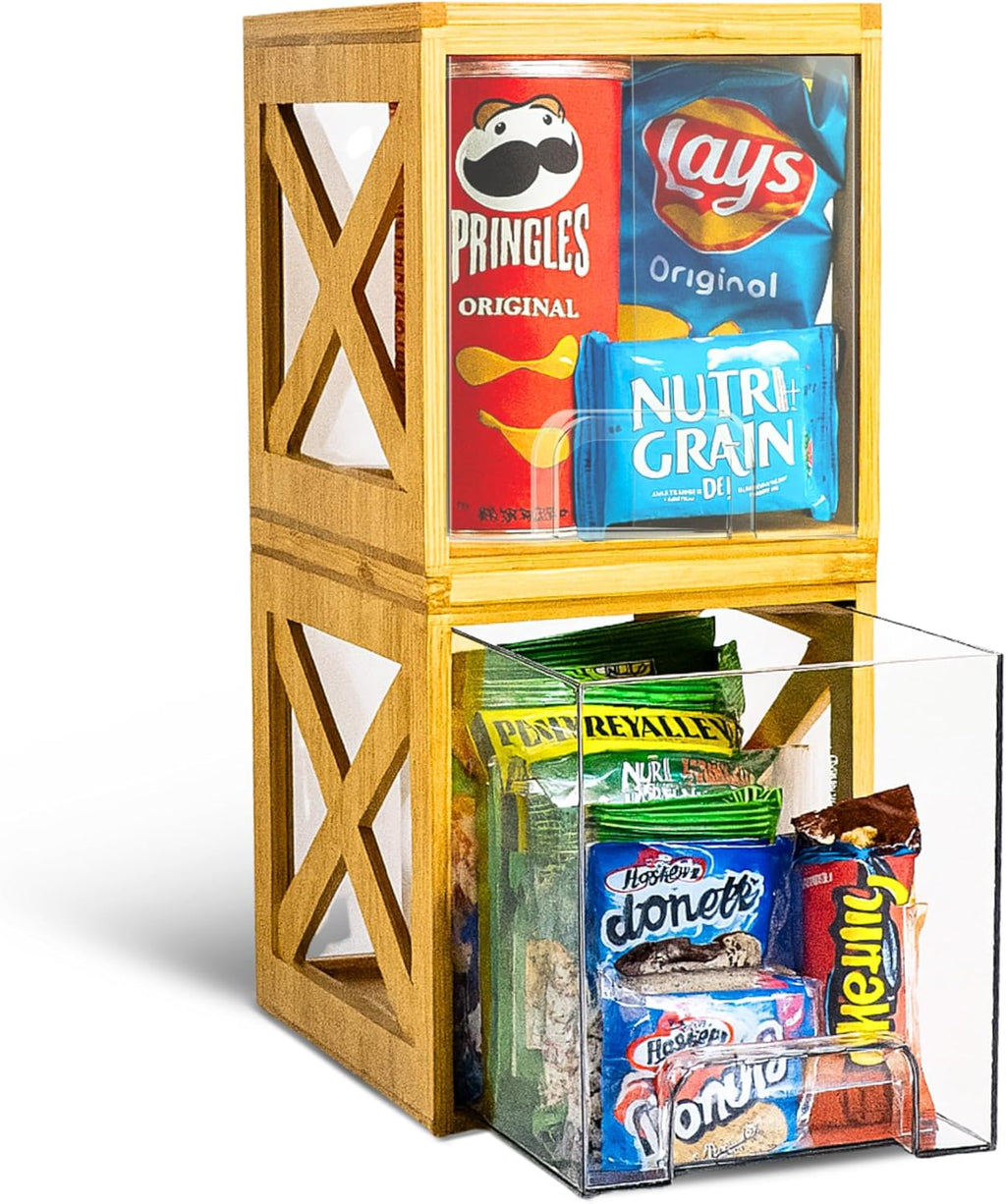 Bamboo Snack & Pantry kitchen Organizer – 2 Pack Bamboo Stackable Storage Drawers – Pull Out Storage for Cookies, Spices, Coffee Pods & K Cups – Clear Acrylic Drawer for Countertop Use