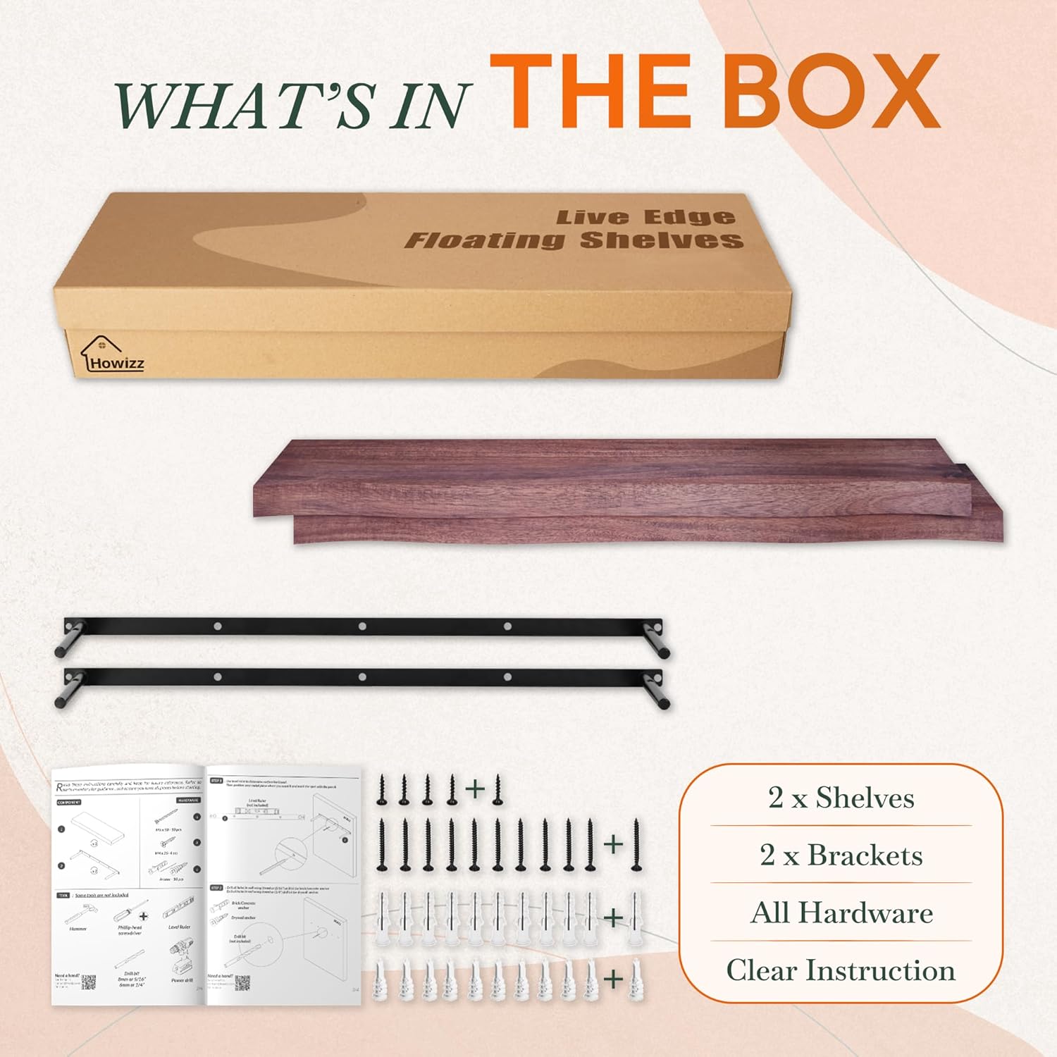 36" Acacia Live Edge Floating Shelves Set of 2 - Wall Mounted Wooden Shelf for Stylish Home Décor - Cherry Color 36x7.5x1.5 Inches