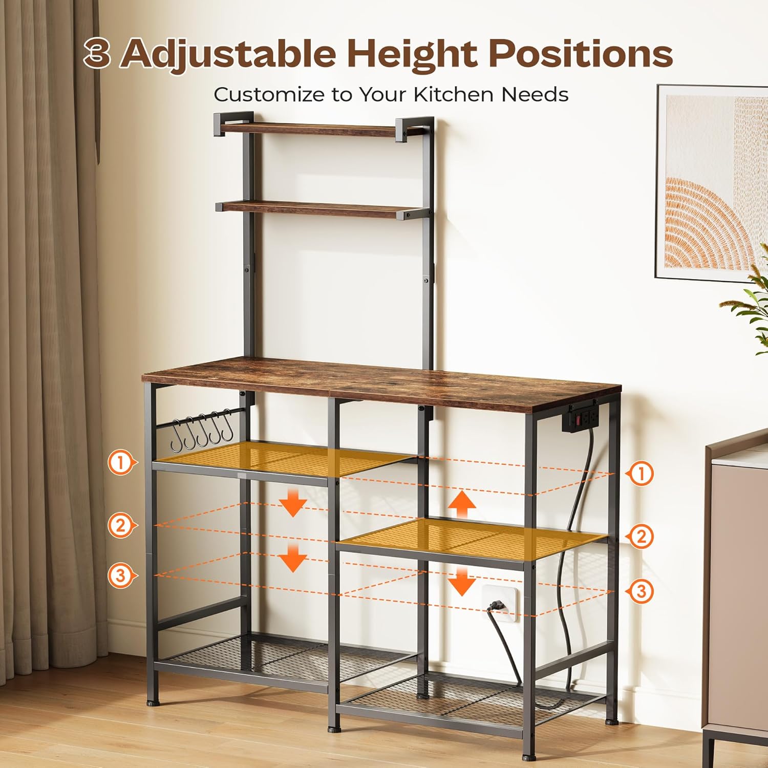 Huuger 39.4 Inch Bakers Rack with Power Outlets, Kitchen Microwave Stand with Storage, Coffee Bar with 4 Hooks, 3-Level Height Open Shelves, Rustic Brown