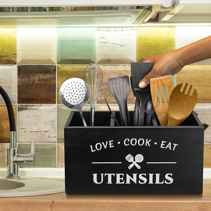 Kitchen Utensil Holder with 3 Compartments, Rustic Wooden Storage Organizer Box Vintage Cutlery Farmhouse Flatware Utensil Caddy Countertop for Silverware Fork Spoon Spatula