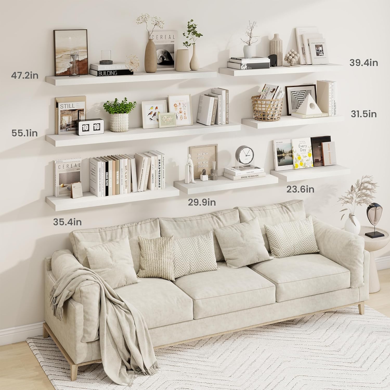 Fun Memories 48 Inch Deep Floating Shelves for Wall, 2 Pack of Long Wall Mounted Wood Shelves with Invisible Brackets for Bathroom, Bedroom, Living Room, Kitchen Decor and Storage, White