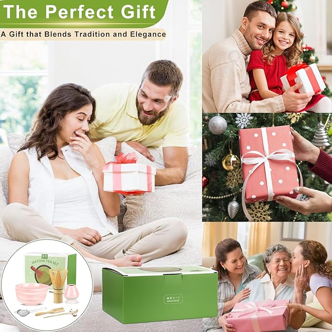 7 Pcs Matcha Whisk Set with Ceramic Bowl, Whisk, Bamboo Spoon, Holder, Sifter, Scoop and Scoop Holder, Tea Kit for Matcha Lover (Pink)