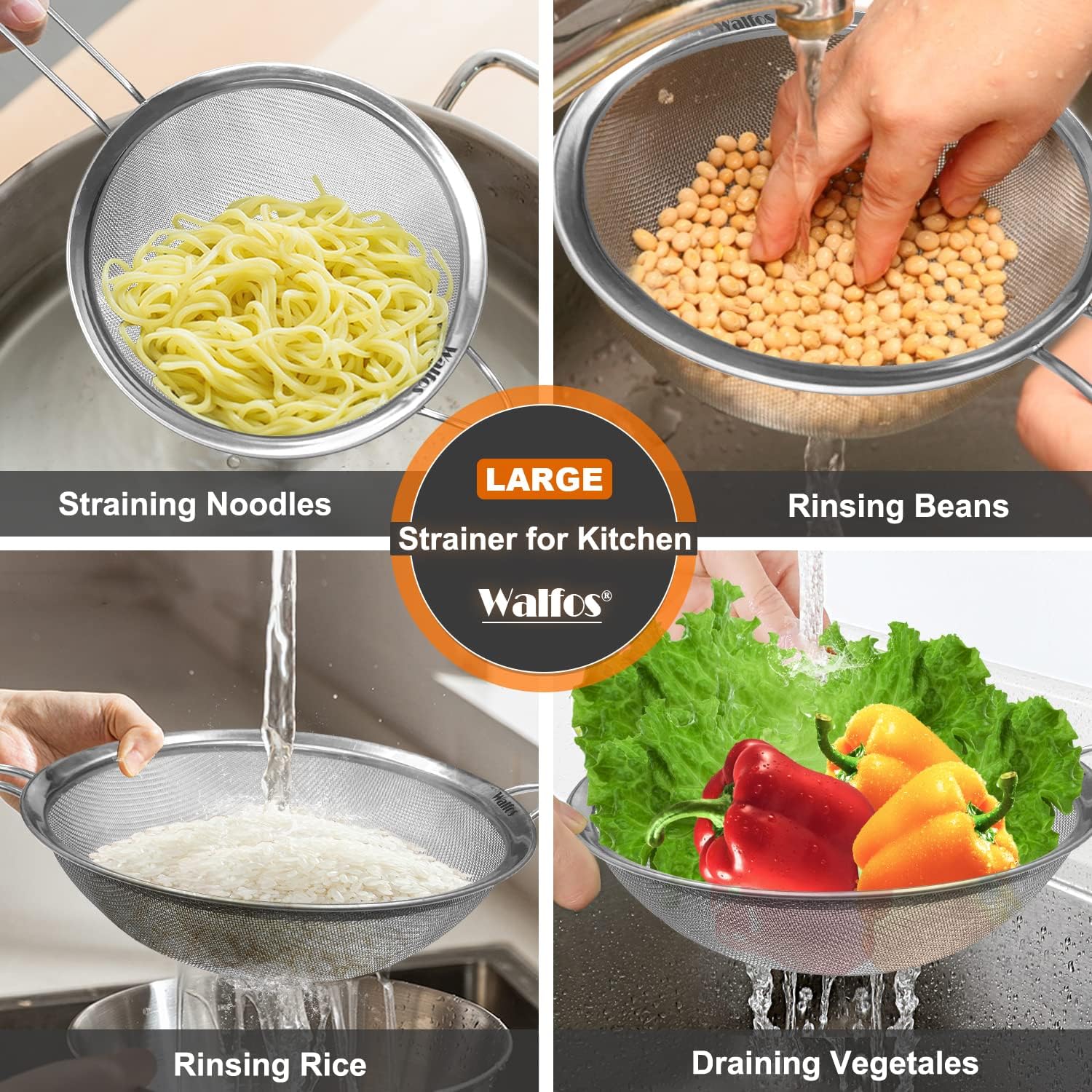 Walfos 9.5 Inch Large Fine Mesh Strainer, Stainless Steel 30 Mesh Sieve with Sturdy Handle, Kitchen Food Strainers Sifters for Rice, Quinoa, Pasta, Fruits, Vegetables, etc.
