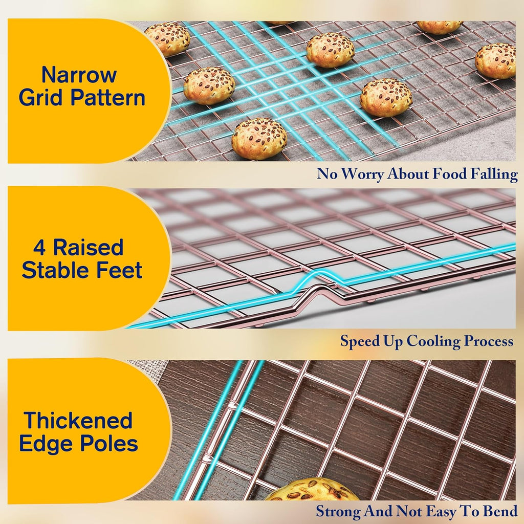 2-Pack Cooling Racks for Cooking and Baking - 10" x 15"Heavy Duty Stainless Steel Wire Rack for Baking, Grilling, Roasting - Oven & Dishwasher Safe - Fits Jelly Roll Sheet Pan（Rose Gold）