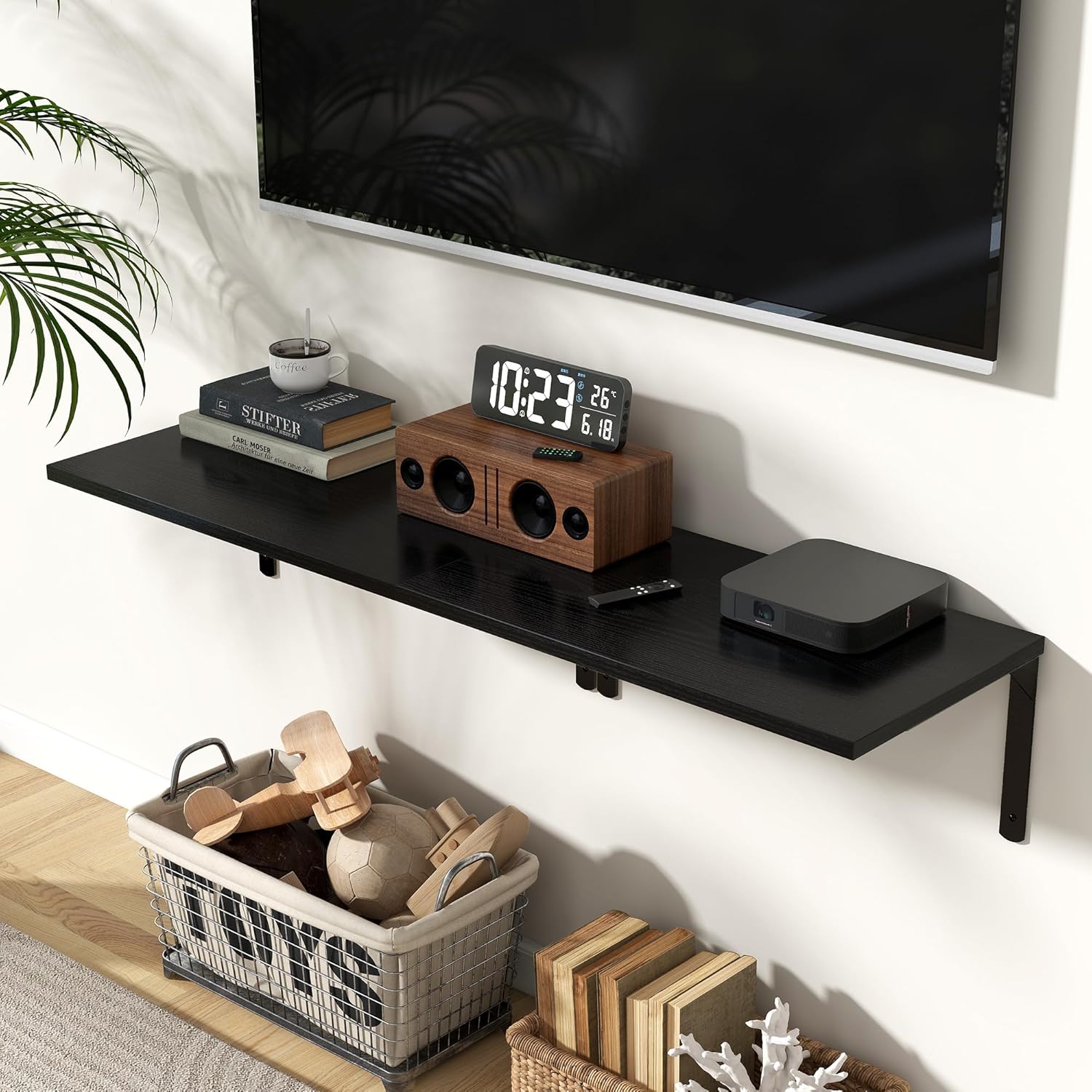 Fun Memories Floating Shelves for Wall, 12 Inch Deep Floating Shelves Set of 2, Wall Mounted Shelf with Metal Brackets, Rustic Wood Wide Shelf for Bathroom, Kitchen and Living Room, Black, 24W x 12D