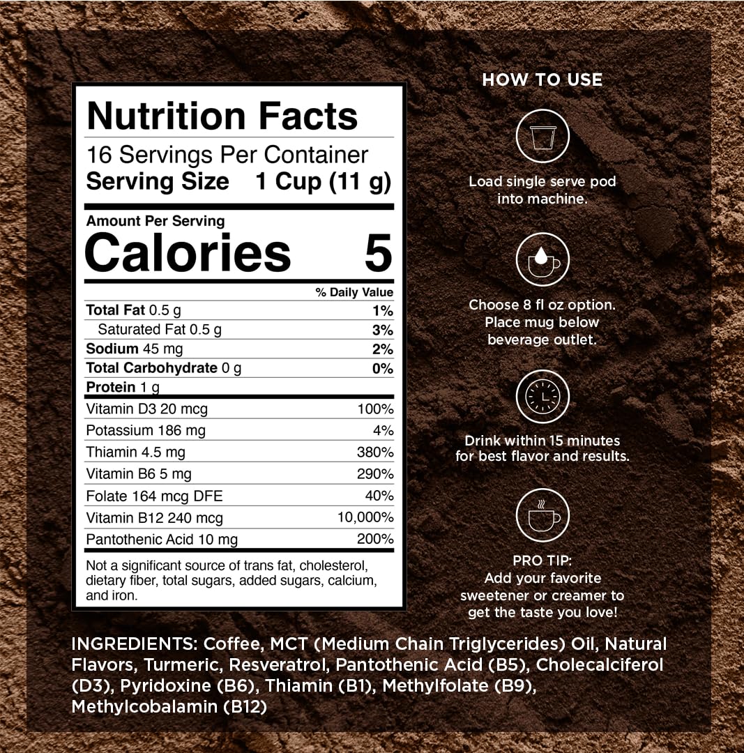 VitaCup Genius Vanilla Keto Coffee Pods w/MCT Oil, Turmeric, B Vitamins, & D3 for Energy & Focus in Recyclable Single Serve Pod Compatible with K-Cup Brewers Including Keurig 2.0, 16 CT