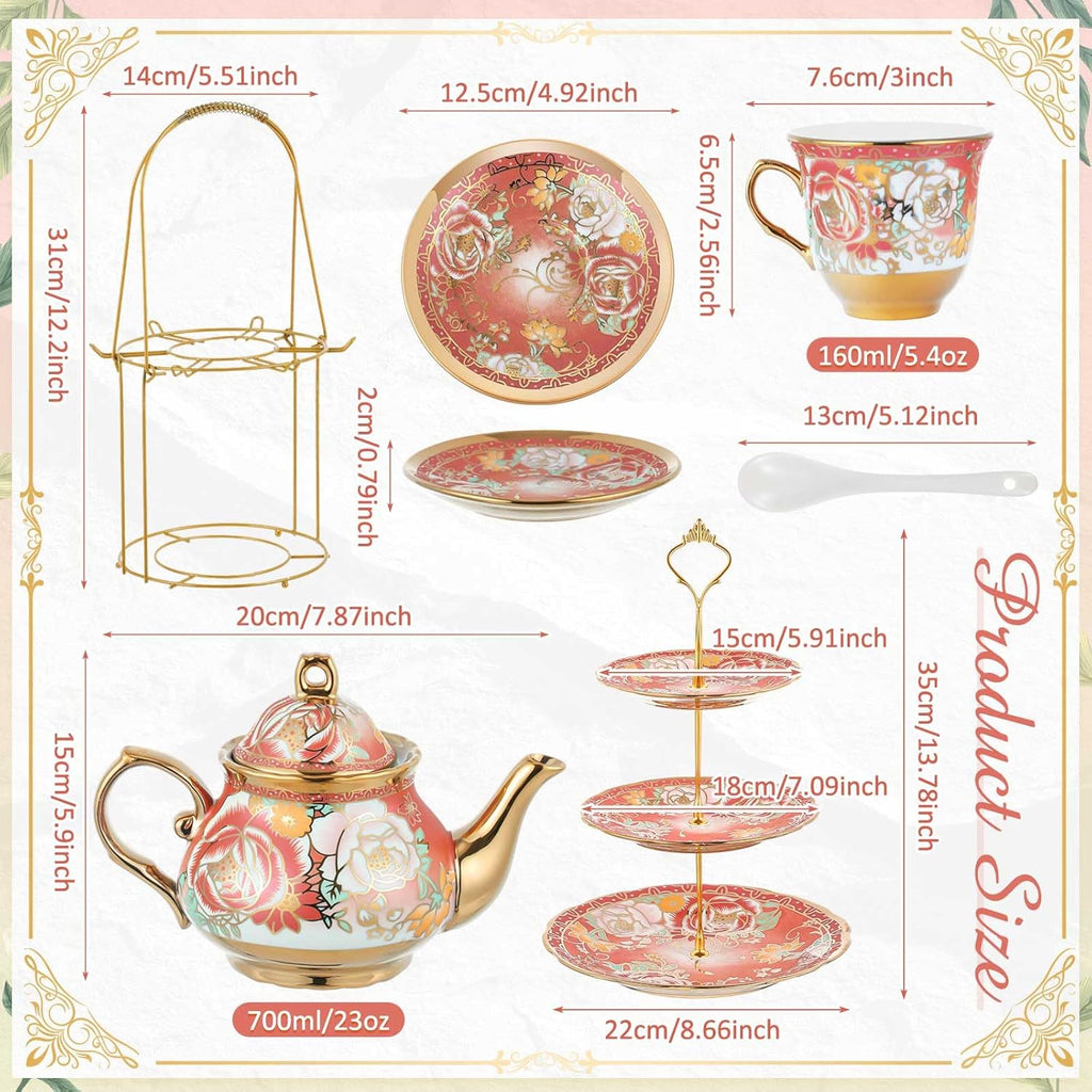 Maxcheck 21 Pcs Tea Party Set for Adults European Floral Tea Set with Metal Holder and 3 Tier Ceramic Cake Stand Porcelain Flower Cup Teapot for Dessert Cupcake(Romantic Style)