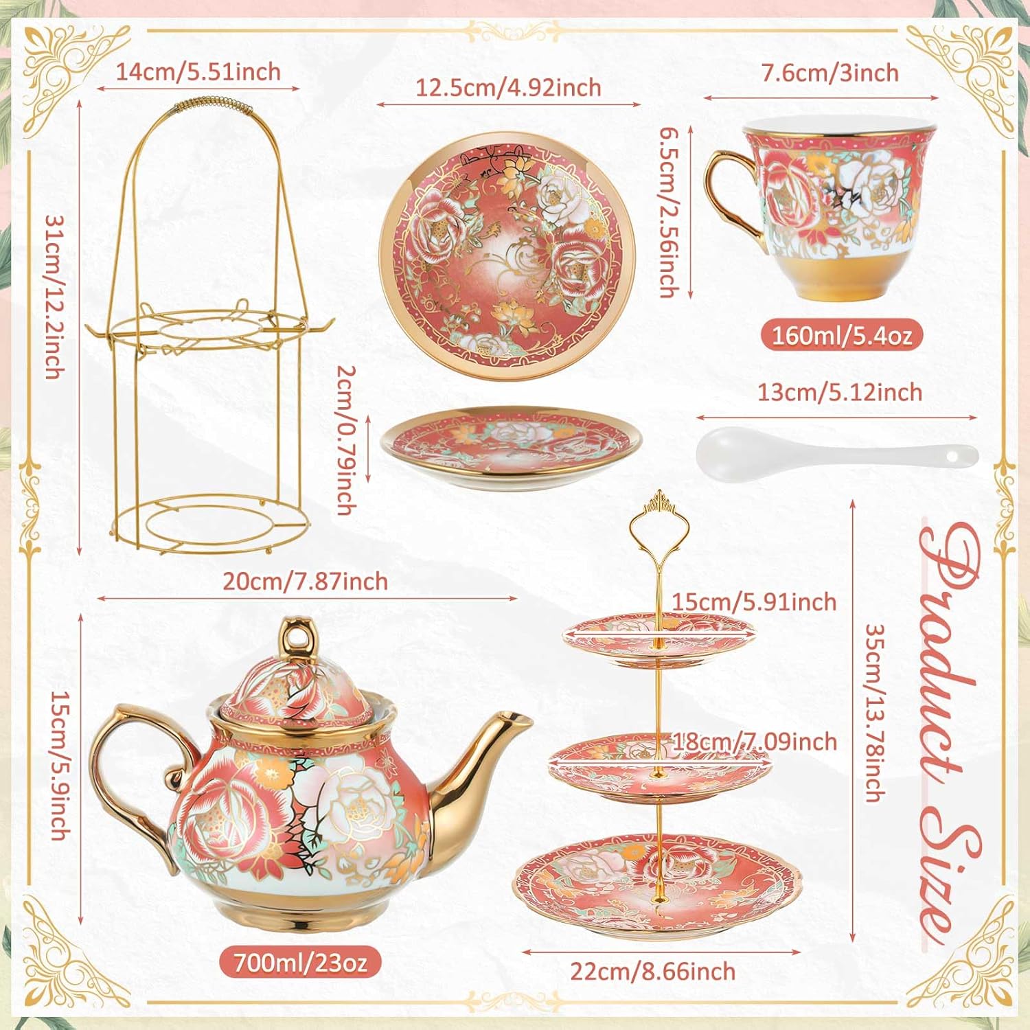 Maxcheck 21 Pcs Tea Party Set for Adults European Floral Tea Set with Metal Holder and 3 Tier Ceramic Cake Stand Porcelain Flower Cup Teapot for Dessert Cupcake(Romantic Style)