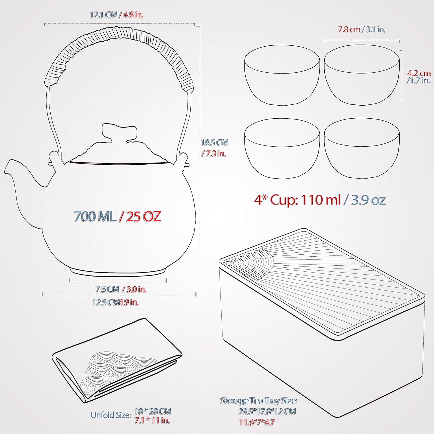 TEANAGOO Japanese Tea Set, Chinese Tea Sets, Porcelain Japanese Tea Cups, Chinese Gongfu Tea Set, Asian Tea Set for Adults, Japanese Teapot Set, 1 Teapot (700ml/25oz) + 4 Tea Cups(205ml/7.2oz), U4