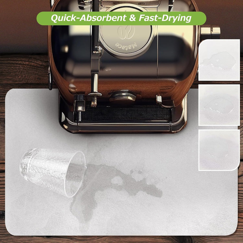 Matace Designer Coffee Bar Mat, Large 16 x 24 Inches, Rubber Backing, Absorbent Coffee Maker Mats for Dish Drying, Kitchen Countertop, Heat Resistant, Solid White