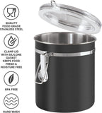 Oggi Stainless Steel Kitchen Canister 36 fl oz, Black - Airtight Clamp Lid, Clear See-Thru Top - Ideal for Kitchen Storage, Food Storage, Pantry Storage. Size 5" x 4.75".