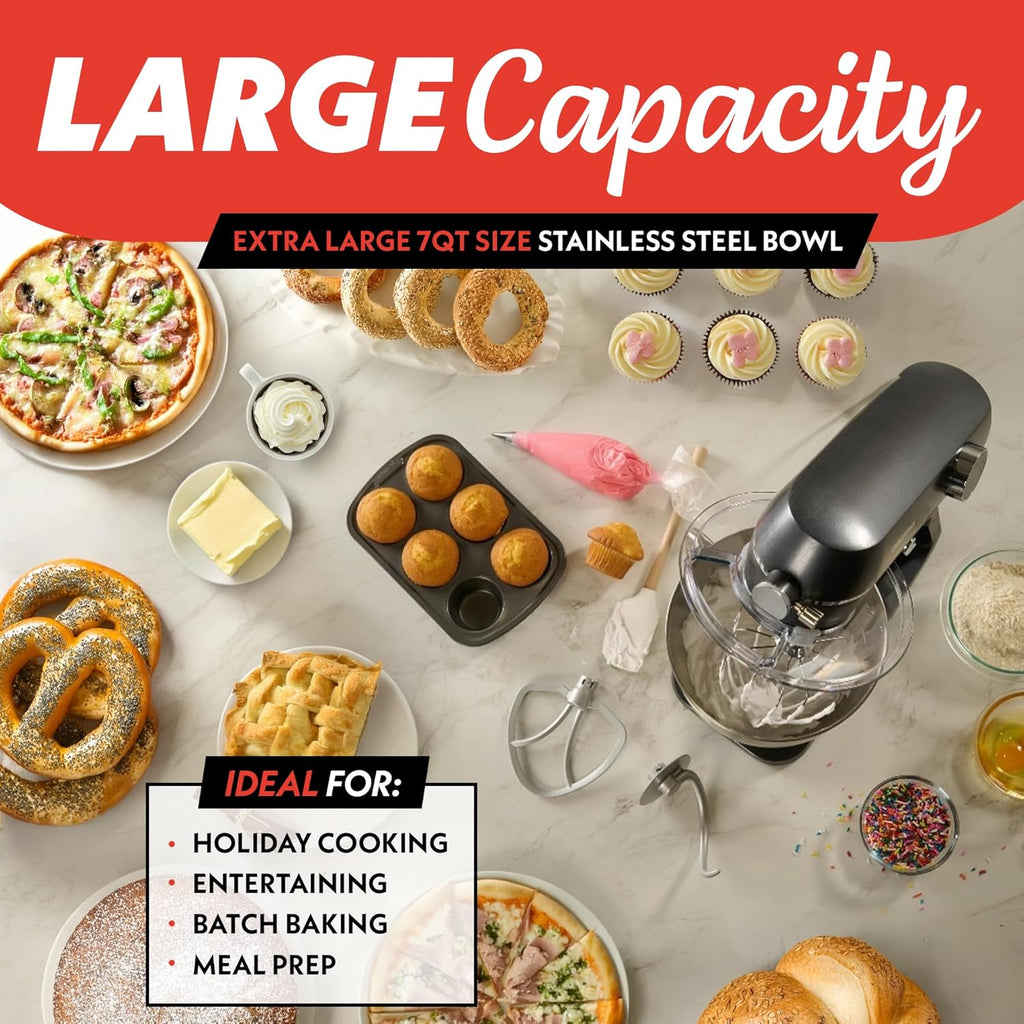 Gourmia 7 Qt Stand Mixer w/Attachments, Bowl Shield, Dough Hook, Whisk & Beater - 10-Speed Heavy Duty Kitchen Countertop Electric Dough Mixer