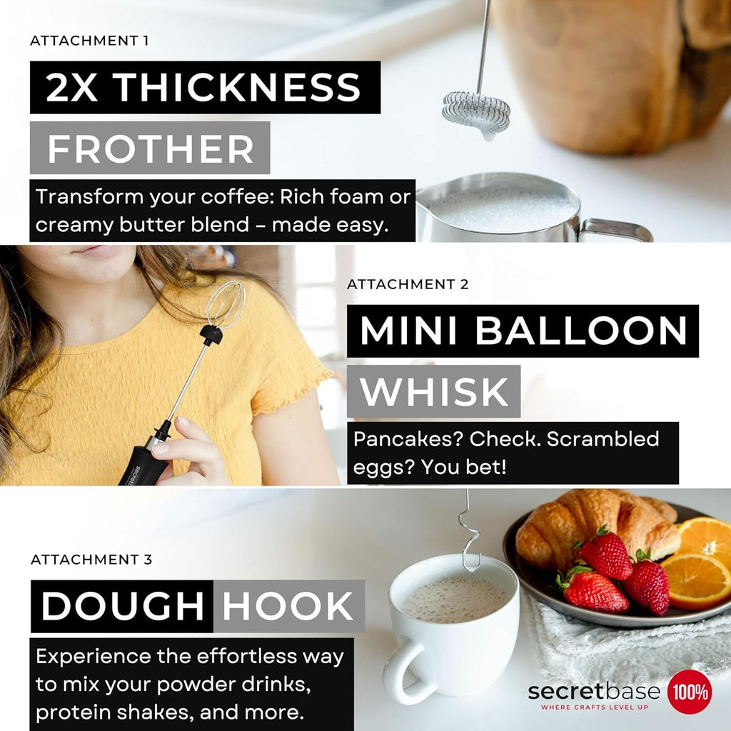 Secretbase 3 Speed Rechargeable Milk Frother and Cup Set, Cordless USB Charging Cradle - Handheld Milk Frother, Double-thickness Whisk, Tiny Egg Beater, Mini Electric Coffee Stirrer(Black)