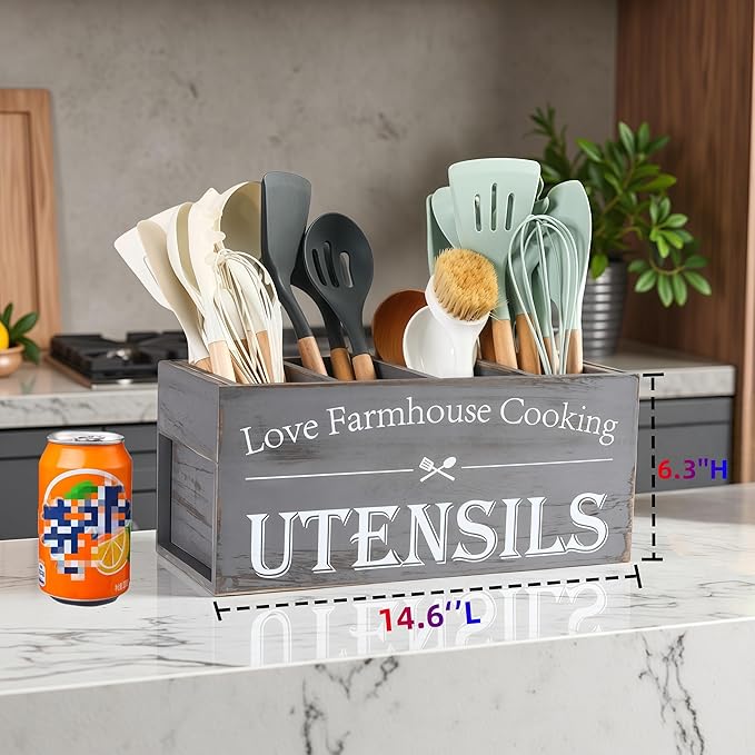 Kitchen Utensil Holder,Farmhouse Wooden Utensil Holder For Kitchen Counter,Extra Large Cooking Spatula Organizer,Big Storage With 4 Compartments Flatware Spoon Tool Cutlery（Grey）
