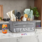 Kitchen Utensil Holder,Farmhouse Wooden Utensil Holder For Kitchen Counter,Extra Large Cooking Spatula Organizer,Big Storage With 4 Compartments Flatware Spoon Tool Cutlery（Grey）