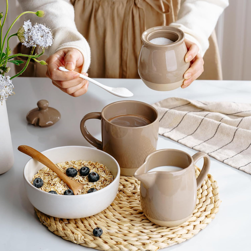 famiware Milkyway Ceramic Sugar and Creamer Set, 10oz Sugar Bowl & 13oz Creamer Set – Stoneware Milk Pitcher & Sugar Dispenser for Coffee Bar, Kitchen, Countertop, Coffee Serving Set, Cinnamon Brown