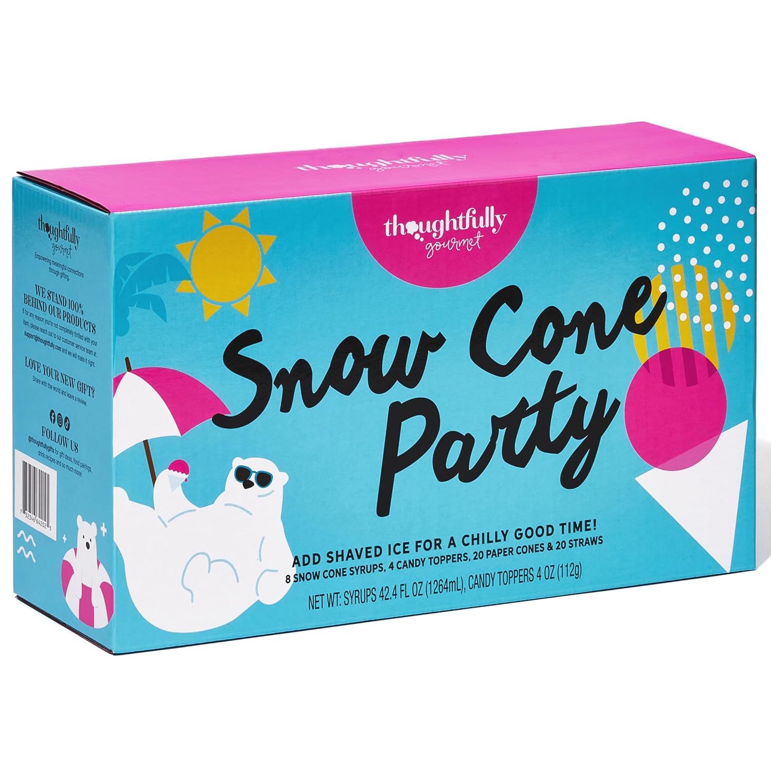 Thoughtfully Gourmet, Snow Cone Party Gift Set, Includes Ingredients for 20 Snow Cones, 8 Flavored Syrups, Toppings, and Paper Cups, Set of 20