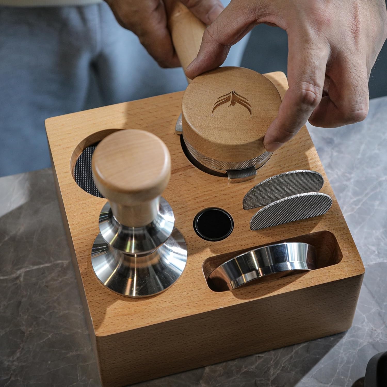 58mm Compact Espresso Tamping Station V3 – Portafilter Stand and Coffee Accessories Organizer for Espresso Machines with Tamper Holder, Distributor Slot, and Multi-Accessory Storage