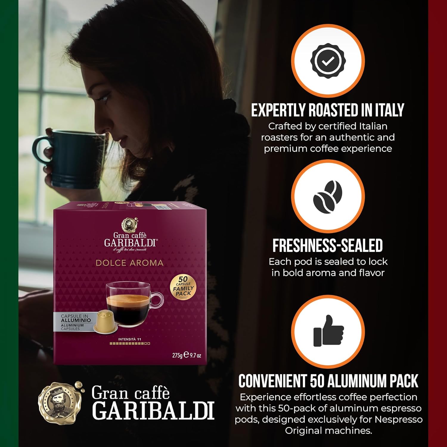 Gran Caffè Garibaldi Espresso Pods, Italian Roasted Coffee, Compatible Nespresso Original Line Machines, Nitrogen Flushed, Full-Bodied Crema, Almond & Dried Fruit - Dolce Aroma 50 Aluminum Cups