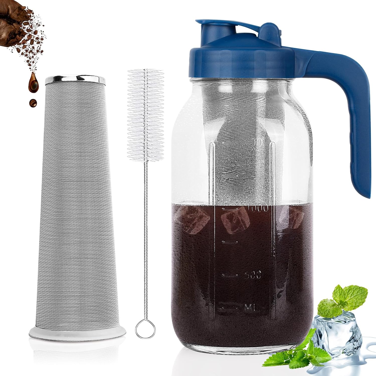 Cold Brew Coffee Maker Pitcher,64 Oz Heavy Duty Glass Mason Jar Pitcher with V-shaped Pour Spout Handle Lid,Stainless Steel Filter for Iced Coffee,Iced tea,Fruit Drinks,lemonade - Blue