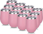 DOMICARE Stainless Steel Wine Tumbler Bulk with Lid, Personalized Insulated Tumblers Set, 12oz Travel Coffee Cups Pack of 12, Pink