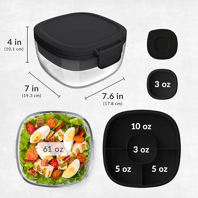 Bentgo Glass All-in-One Salad Container - Large 61-oz Salad Bowl with Lid, 4-Compartment Bento-Style Tray, 3-oz Sauce Container, and Reusable Fork - Dishwasher, Microwave, and Oven Safe (Black Onyx)