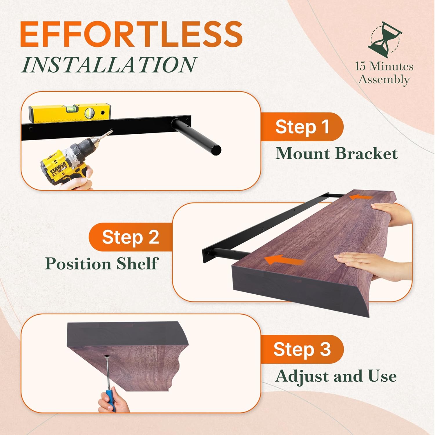 24" Acacia Live Edge Floating Shelves Set of 2 - Wall Mounted Wooden Shelf for Stylish Home Décor - Cherry Color 24x7.5x1.5 Inches