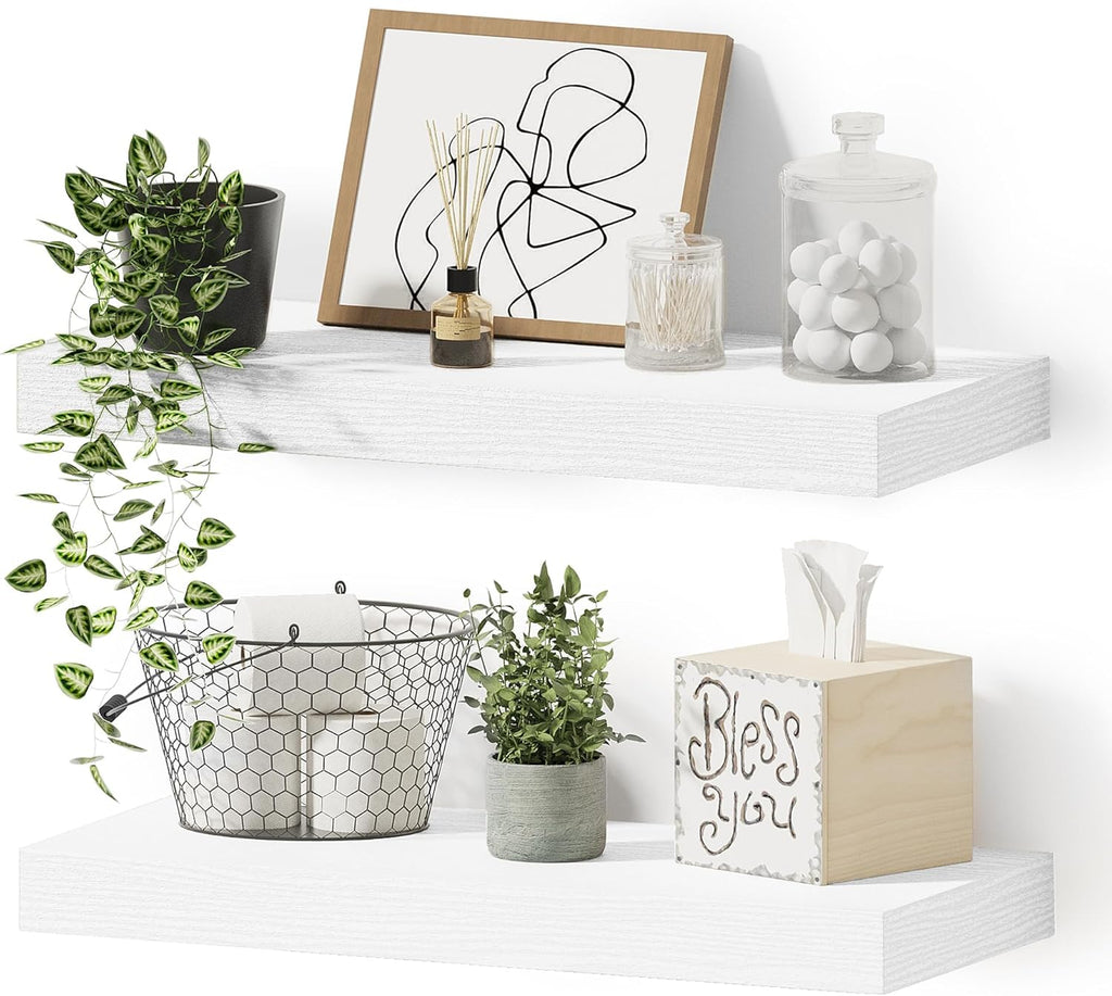 Vivelove Bathroom Floating Shelves for Wall, 16 inchs x 6.7” deep x 1.4” Wall Shelf for Bedroom, Living Room, Kitchen, Office Home Decor, Narrow Wood Shelves with Invisible Brackets - Set of 2, White