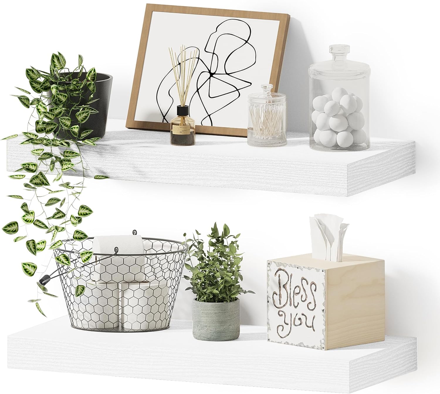 Vivelove Bathroom Floating Shelves for Wall, 16 inchs x 6.7” deep x 1.4” Wall Shelf for Bedroom, Living Room, Kitchen, Office Home Decor, Narrow Wood Shelves with Invisible Brackets - Set of 2, White