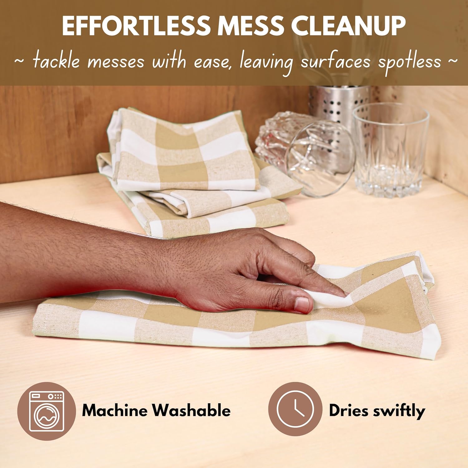 Native Fab 6 Pack Buffalo Check Kitchen Towels16 x26 - Cotton Dish Towels Washable - Absorbent Tea Towels, Soft Hand Towel with Hanging Loop, Dish Cloth Set - Beige White