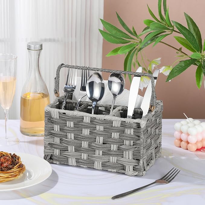 Silverware Holder for Party Plastic Utensil Holder Wicker Silverware Caddy Cutlery Holder with Handle Spoon and Fork Organizer Dark Gray Utensil Caddy for Kitchen Counter