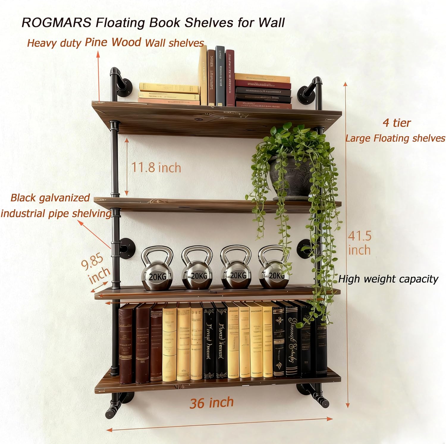 Floating Shelves for Wall,Solid Wood Shelves Industrial Pipe Shelving 36inch for Wall Decor,Kitchen,Living Room