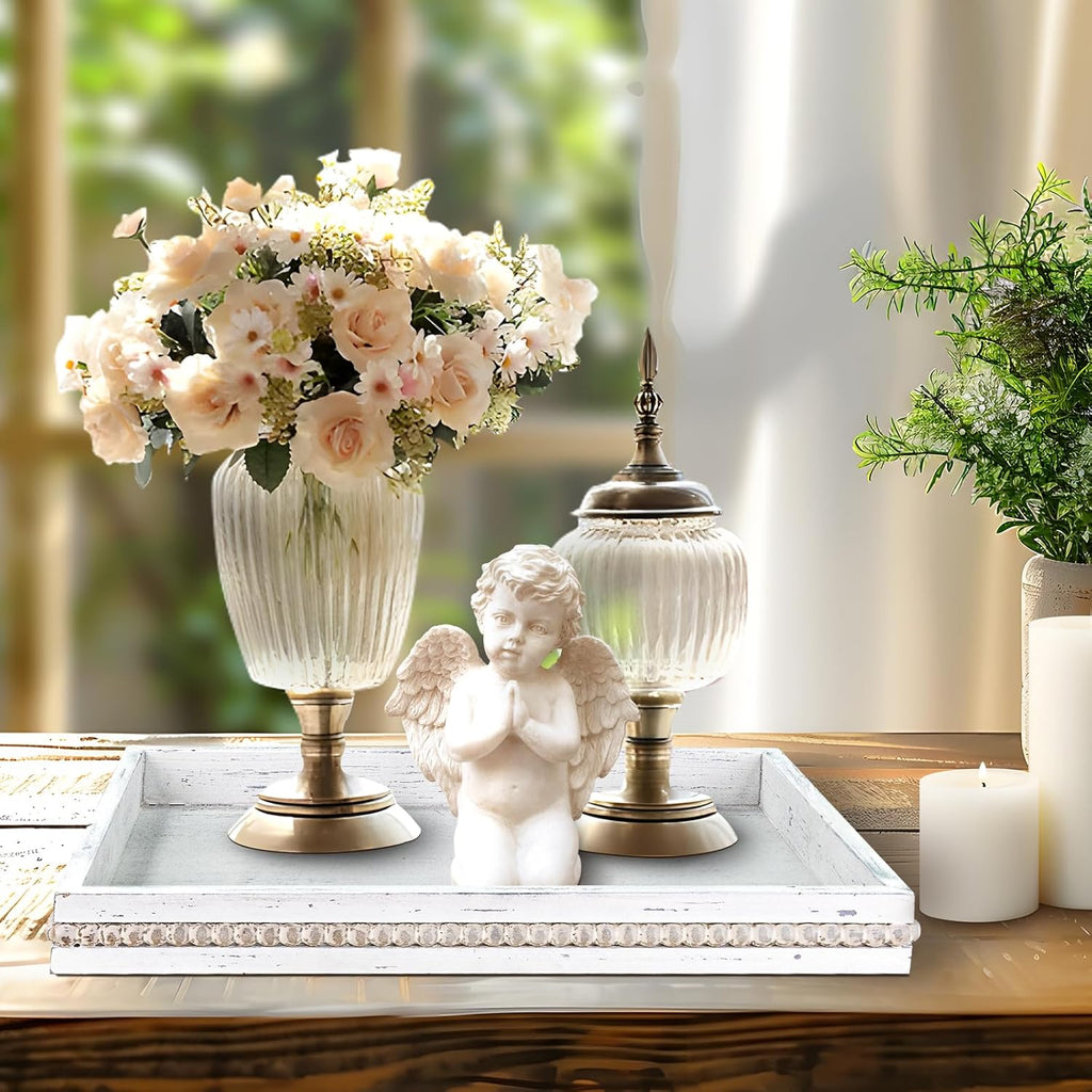 Wooden Decorative Tray, Rectangular Serving Tray with Wood Bead, Farmhouse Big Tray for Ottoman, Countertop, Coffee Tabl, 16.5" x 13"x 1.6" (Retro White)