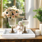 Wooden Decorative Tray, Rectangular Serving Tray with Wood Bead, Farmhouse Big Tray for Ottoman, Countertop, Coffee Tabl, 16.5" x 13"x 1.6" (Retro White)