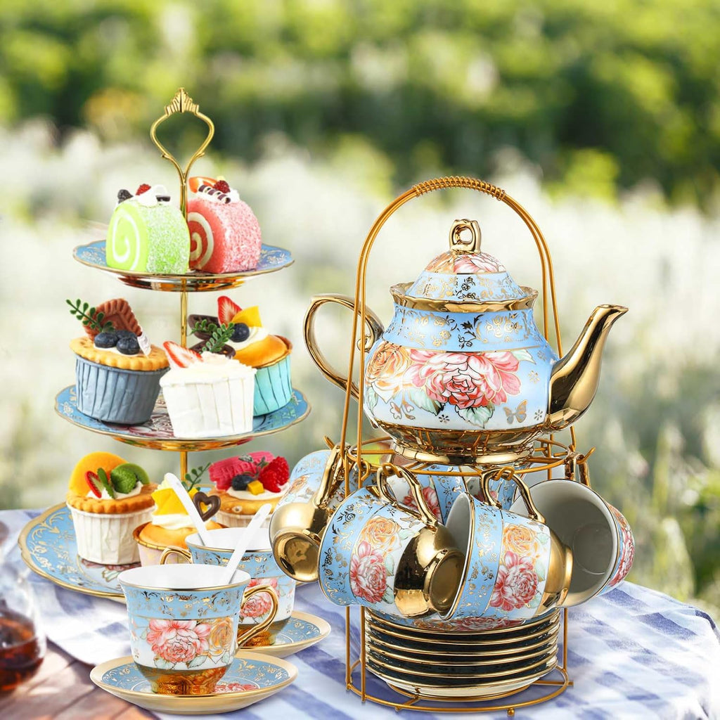 Maxcheck 21 Pcs Tea Party Set for Adults European Floral Tea Set with Metal Holder and 3 Tier Ceramic Cake Stand Porcelain Flower Cup Teapot for Dessert Cupcake(Advanced Style)