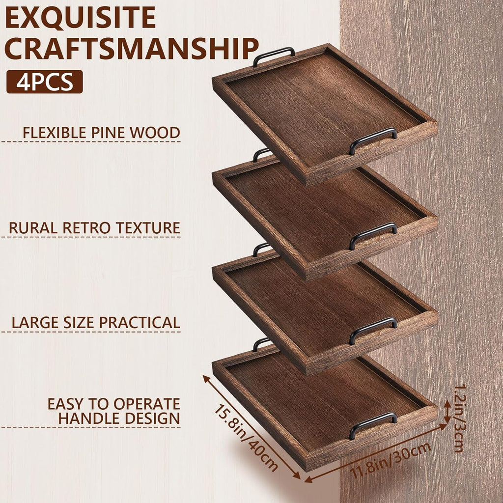 Lallisa 4 Pcs Large Wooden Serving Trays Decorative 15.75 x 11.81 x 2.36 Inch Ottomantray Rustic with Handle for Banquet Party Rectangular Lap Tray for Breakfast Coffee Table Picnic Bed Eating