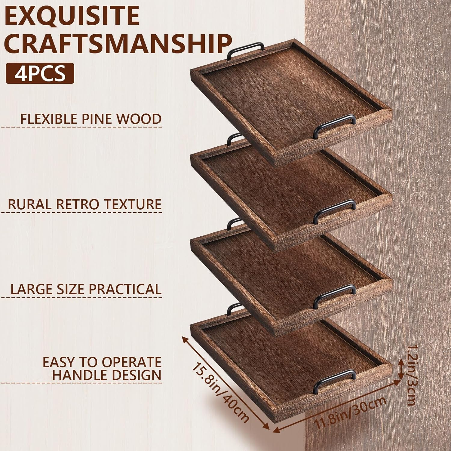 Lallisa 4 Pcs Large Wooden Serving Trays Decorative 15.75 x 11.81 x 2.36 Inch Ottomantray Rustic with Handle for Banquet Party Rectangular Lap Tray for Breakfast Coffee Table Picnic Bed Eating