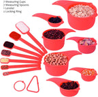 Red Measuring Cups and Spoons Set 15, 7 Plastic Measuring Cup Set, 7 Spice Long Handle Measuring Spoons with 1 Leveler for Kitchen and Baking, Dry Metric Measure Cups & Spoons Set