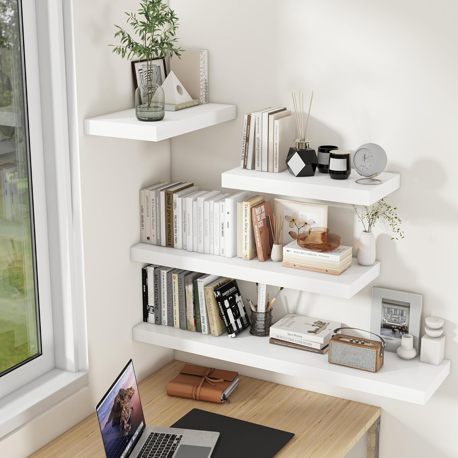 9.3 Inch Deep Floating Shelves, White Solid Wood Floating Shelf Wall Mounted, 36 x 9 Large Display & Storage Shelves for Books, Living Room, Bathroom, Rustic Wooden Wall Shelves, Heavy-Duty, Set of 2