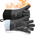 Kitchen Oven Gloves - Dual-Layer Heat Resistant Grilling Gloves, Silicone Oven Mitts with 5 Fingers, Waterproof Non-Slip Pot Holder for Barbecue, Cooking, Baking (Black Long)