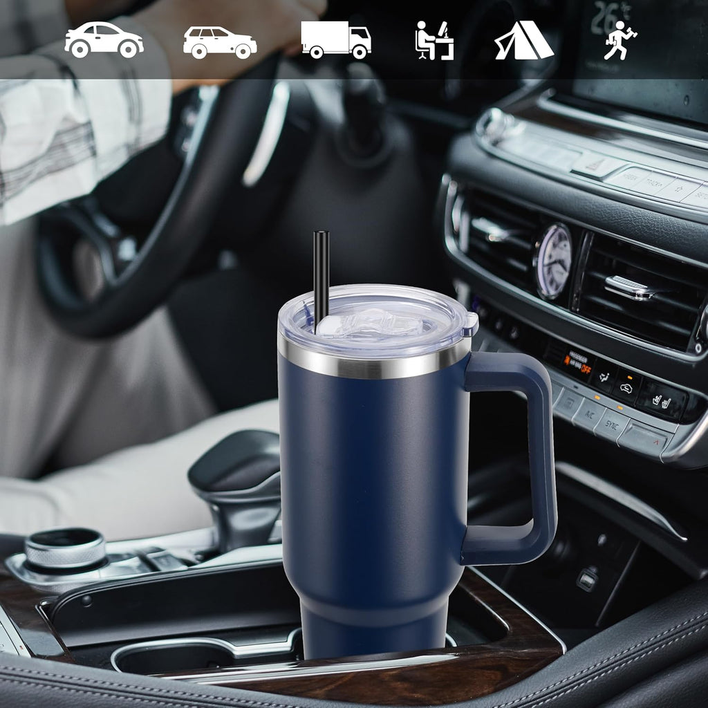 DOMICARE 40 oz Tumbler with Handle and Straw, Stainless Steel Tumbler with Lid and Straw, Reusable Vacuum Insulated Cup, Travel Coffee Mug, Navy Blue, 1Pack